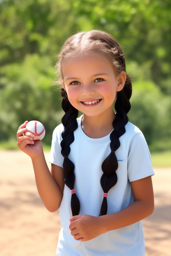 1girl, portrait, (cowboy shot) realistic, little girl, smile, ((ltt, black long hair, low twin braids)), upper body, outdoor, holding⚾,  sunny day, blurry background <lora:low twintail03:0.8><lora:adapter_model:1.0>