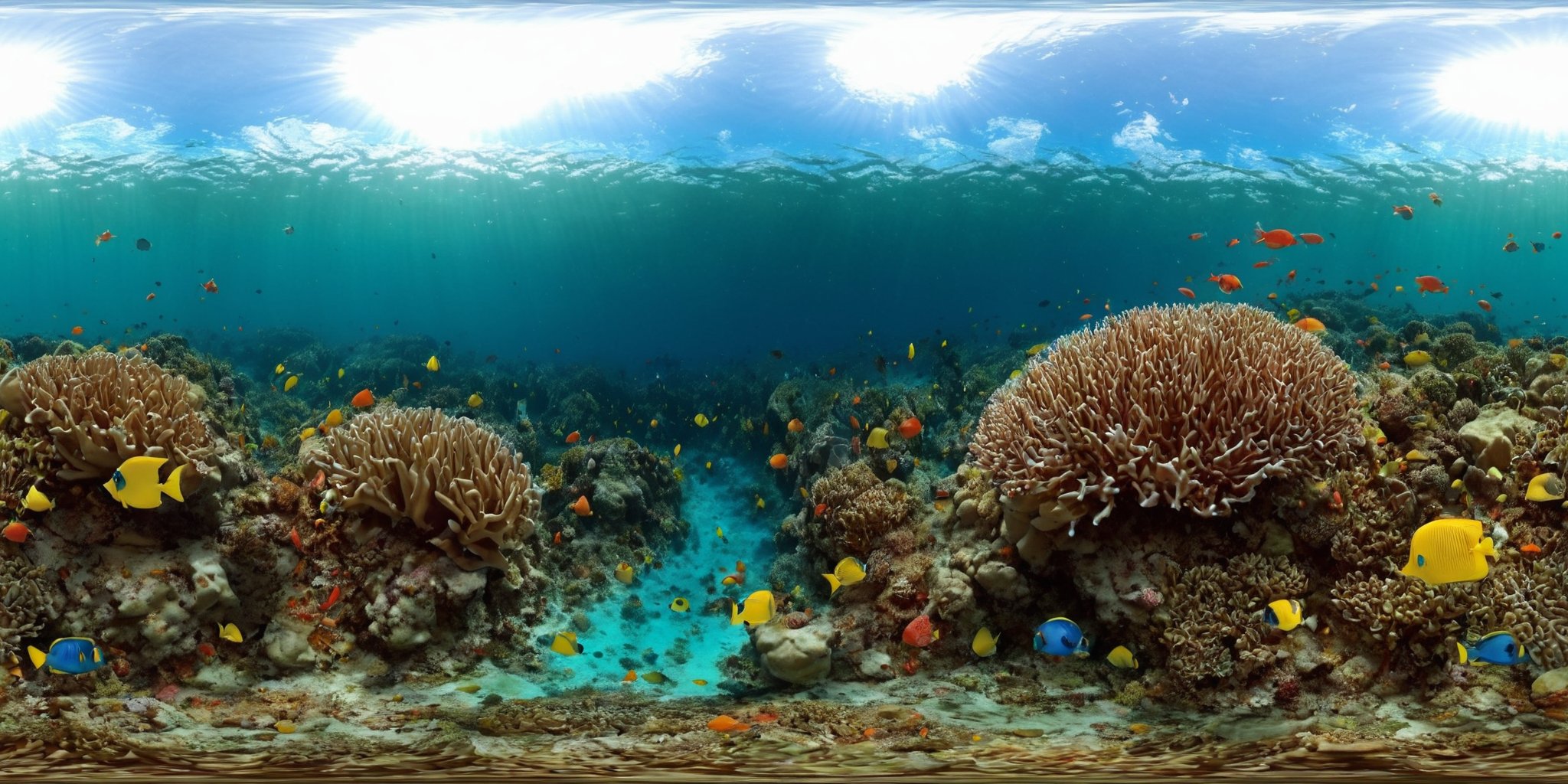 360panorama,<lora:HMSG360海底世界XL-000005:1>,<lora:光影XL:1>,Underwater world,Swimming fish,Coral reef exploration,Deep sea,Sunlight filtering through water,No specific artist,Photo-realistic,Fantasy,Digital painting,Nature scene,Vibrant marine colors,High-definition rendering,4K,High detail,