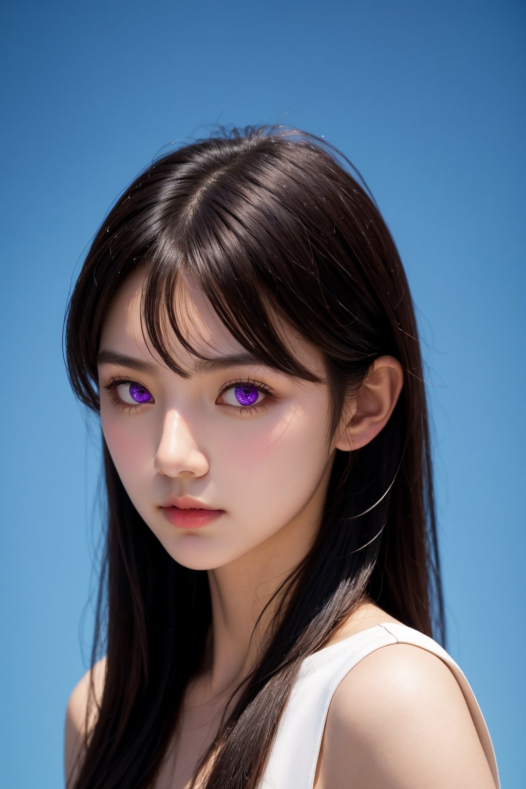 <lora:AgainEyes:2>,1girl,black hair,portrait,white dress,purple eyes,shining eyes,blue simple background,