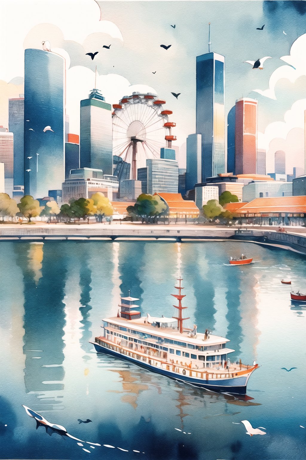 a painting of a city with a ferris wheel and boats in the water and a ferris wheel in the background,ferris wheel,scenery,watercraft,boat,building,outdoors,water,bridge,bird,city,no humans+,watercolor_(medium),