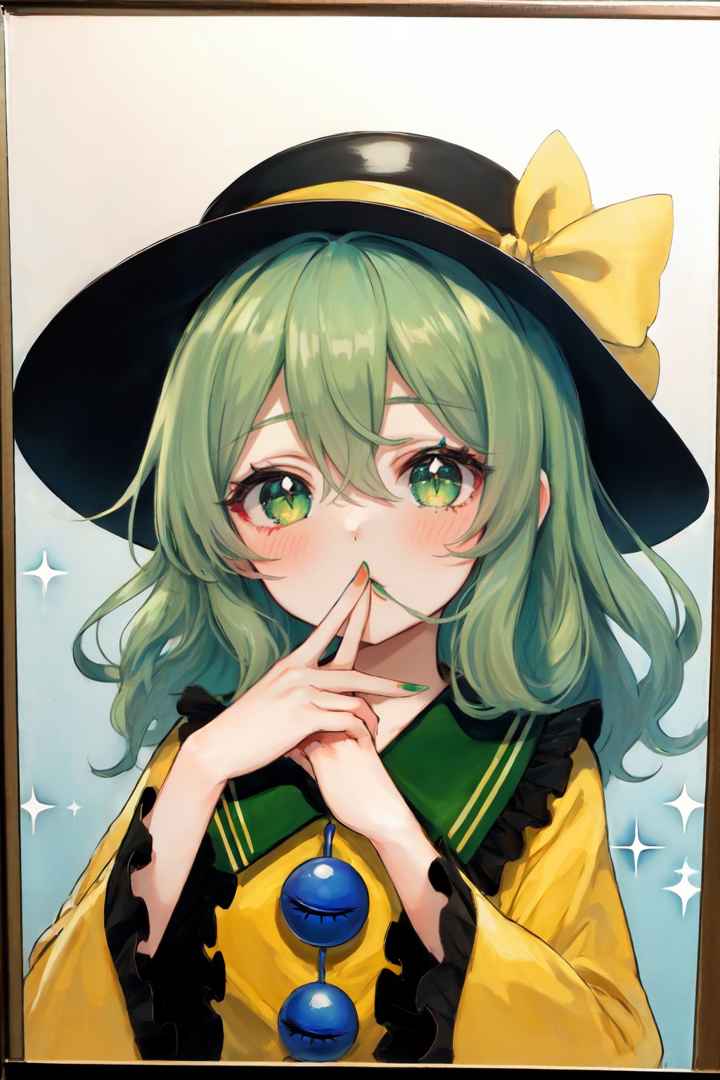 1girl, komeiji koishi, , touhou, black headwear, blush, border, bow, covered mouth, covering mouth, diamond (shape), eyelashes, fingernails, frilled sleeves, frills, glitter, green eyes, green hair, green nails, hair between eyes, hands up, hat, hat bow, looking at viewer, medium hair, nail polish, photo (medium), portrait, solo, third eye, traditional media, wavy hair, yellow bow, 