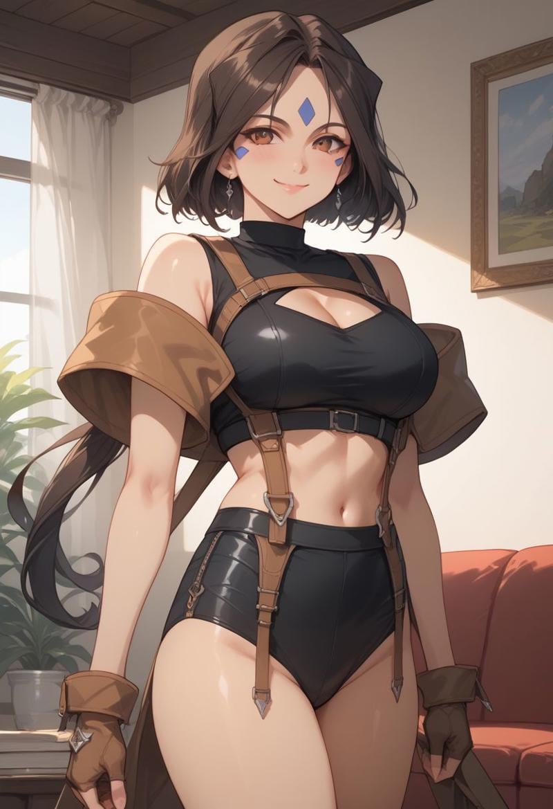 score_9, score_8_up, score_7_up, score_6_up, masterpiece, ultra detailed, best quality, source_anime, Expressiveh, BREAK, Peorth, bob cut with low ponytail, 1girl, smile, large breasts, black crop top, black short shorts, brown boots, clothing cutout, brown fingerless gloves, living room, day, shiny clothes, portrait,(detailed face, detailed eyes)