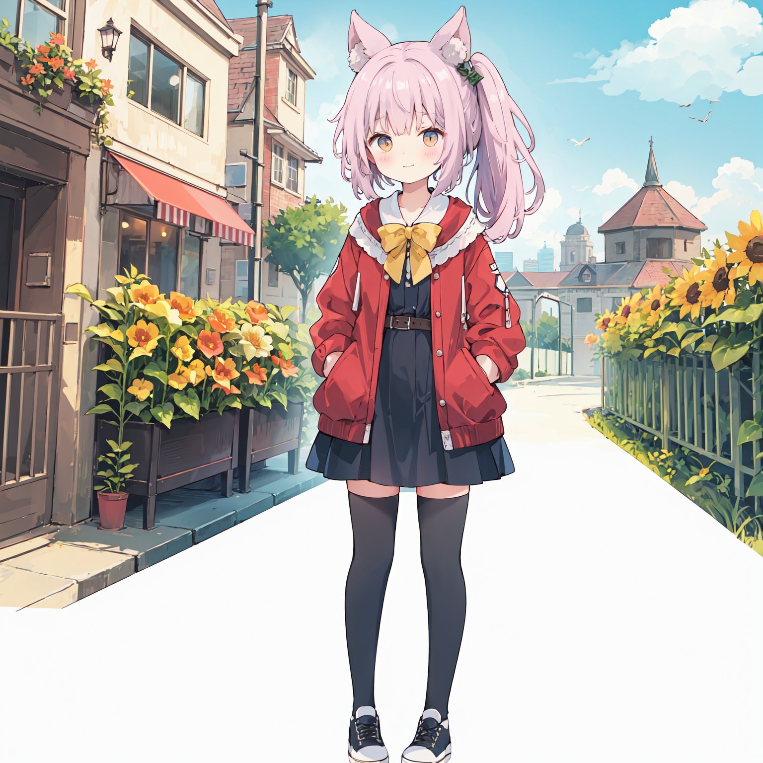 (best quality),((masterpiece)),(highres),standing,(full body),(black thighhighs),original,(loli:1.2),(petite:1.2),Pink hair,Yellow eyes,(red Jacket),high ponytail,white collared shirt,hair flower,fipped hair,floating hair,Frown,hands in pockets,black dress,red bowtie,(solo),sky,skyline,skyscraper,smile,solo,sunflower,tower,upper_body,white flower,animal ears,<lora:mystyle3-000029:0.6>,