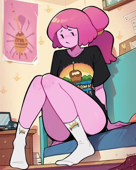 score_9, score_8, 1girl, solo, Bonnibel, pink hair, pink skin, ponytail, black t-shirt, print shirt, black shirt, wariza, socks, detailed background, indoors, bedroom <lora:Bubblegum_PDXL:1> 