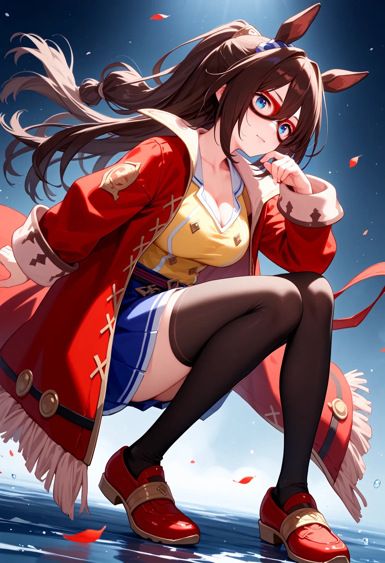 score_9, score_8_up, score_7_up, BREAK, best quality, masterpiece, very aesthetic, ultra detailed,very detailed background,BREAK,,zPDXL3,ECP,ECP_Race, 1girl, solo, long hair, bangs, blue eyes, brown hair, long sleeves, cleavage,  ponytail, blue skirt,red mask,  horse ears, red coat, yellow shirt,black thighhighs,red shoes,red domino mask,side view,runnning<lyco:ElCondorPasa-ponyXL:1>