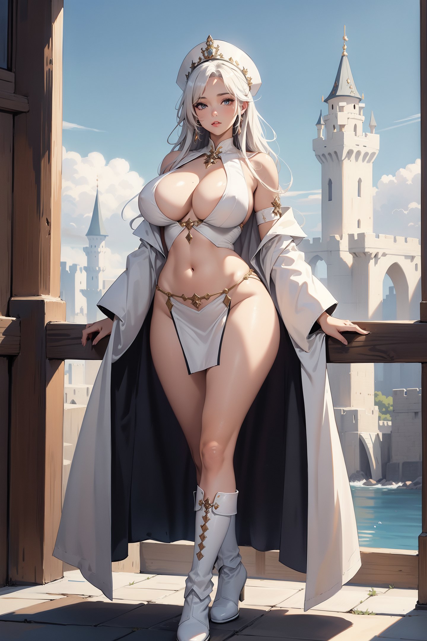 1girl,tall,bbw,armour,white robe,Skin texture, body building, solo,navel, jewelry, standing, long hair, looking at viewer, huge breasts,(castle:1.15),night, intricate detail,full body,boots,monster,pointed hat