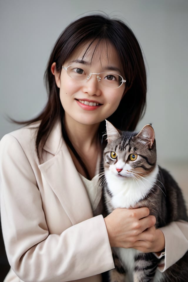 realistic photo of a woman, <lora:shihoActualJapaneseXL009:0.9> shiho,  Glossy magazine cover, woman with glasses and a warm smile, wearing a veterinarian's coat, holding a stethoscope to a relaxed Maine Coon cat's chest, magazine title "Cat Health & Wellness," issue details "November 2024," headlines teasing articles on "Feline Health Issues," "Preventive Care for Cats," and "Choosing the Right Veterinarian."bokeh, professional lighting,, Close-up portrait or full-body shot, emphasizing feminine curves and features, seductive or playful pose, direct gaze or coy expression, alluring attire, glossy fabrics and textures, soft or dramatic lighting highlighting skin and contours, carefully styled hair and makeup, props like flowers, jewelry adding to the overall aesthetic.