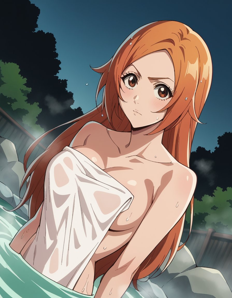 score_9, score_8_up, score_7_up, source_anime,inoueorihime, <lora:inoue-orihime-tybw-ponyxl-lora-nochekaiser:1>,inoue orihime, long hair, orange hair, brown eyes,nude, naked, outdoors, onsen, towel, naked towel, steam, bathing, nude cover, partially submerged, water, bath, steam censor, wet towel,looking at viewer, cowboy shot, dutch angle, solo,