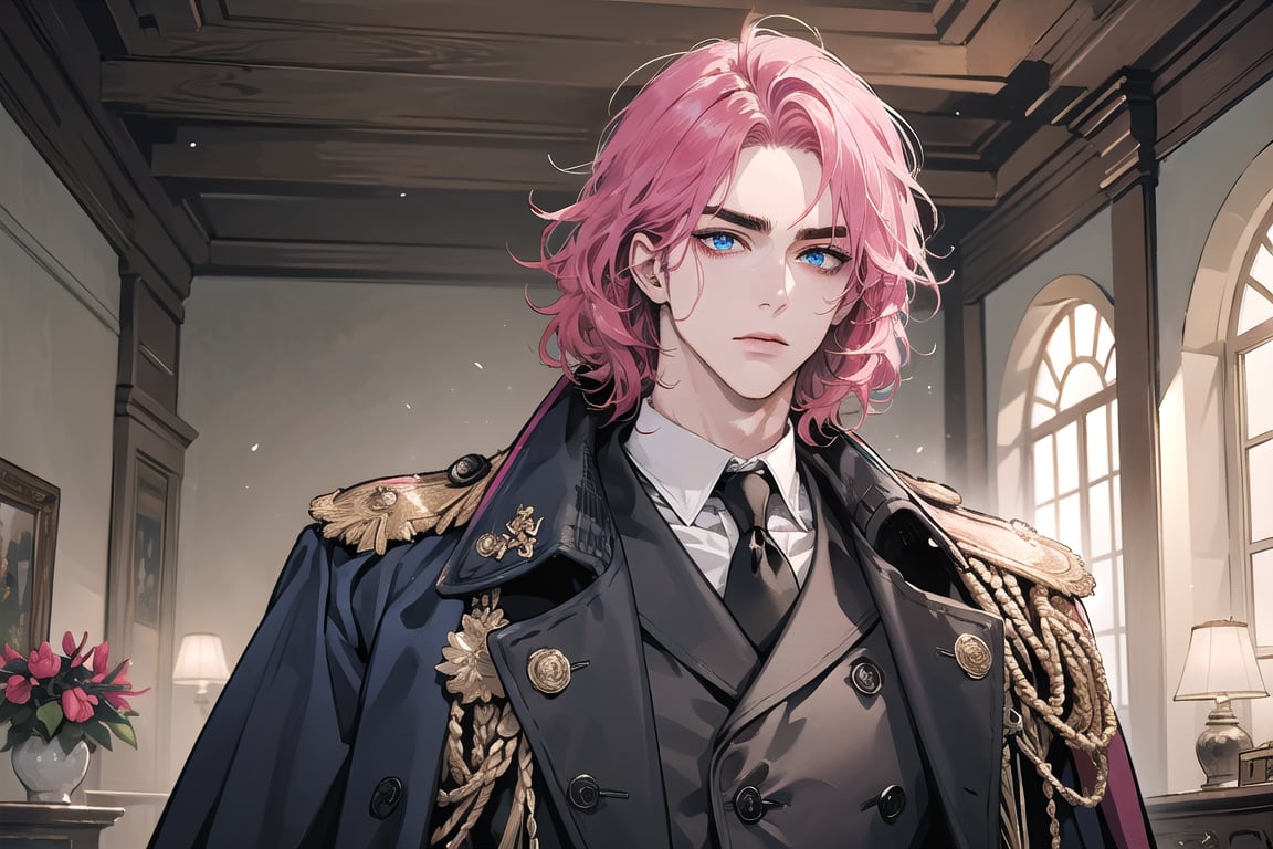 1man, mature, (((Fuchsia hair))), ((thick eyebrows)), ((Medium score)), To reveal the forehead, ((Split head)), ((messy hair)), ((wavy curly hair)), short hair, blue eyes, mature, handsome, angular jaw, thick neck, serious, ready for battle, jacket, upper body, male focus, uniform, (Frock Coat:1.3), long sleeve, by Raphael, masterpiece, upper body shot, magnificent indoor hall<lora:EMS-2636-EMS:0.400000>, <lora:EMS-271187-EMS:0.200000>