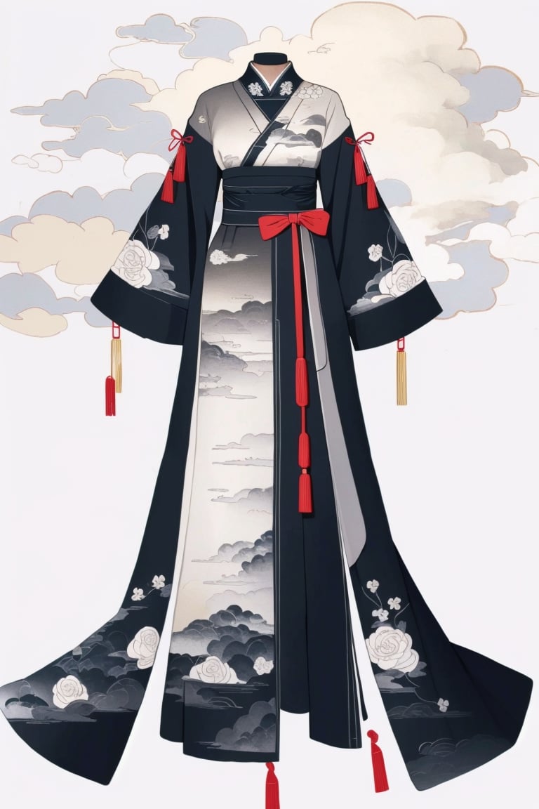 ((HRD, HUD, 8K)),((masterpiece, best quality)), highly detailed,ClothingDesign, solo, full body, long sleeves, standing, dress, wide sleeves, chinese clothes, ribbon, floral print, grey background, sleeves past wrists, cloud, japanese clothes, kimono, breasts, long hair, egasumi, tassel, ﻿﻿ <lora:20240601-1717209436687:0.8>