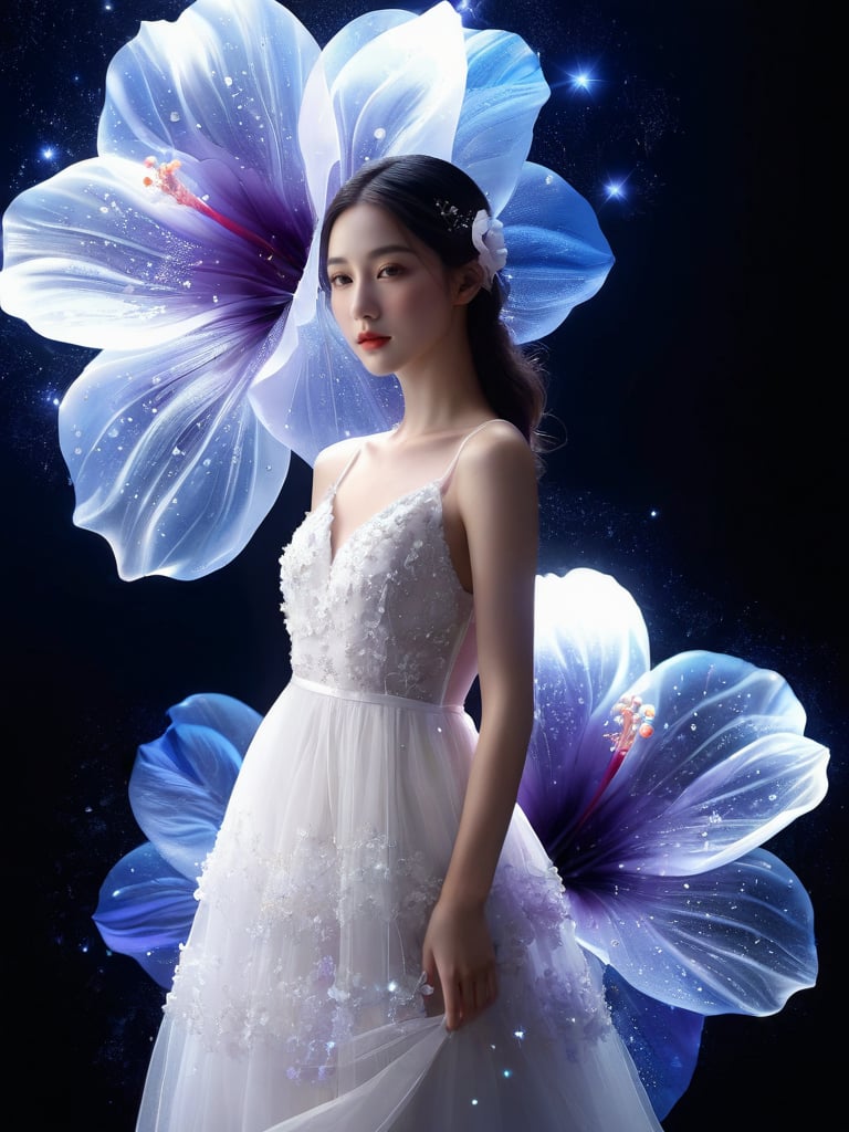 1 girl, standing, wearing a white dress, white flower, Giant Glowing transparent flowers background, black background, red flower, purple flower, blue flower, still life, light particles  <lora:Light flower:0.85>