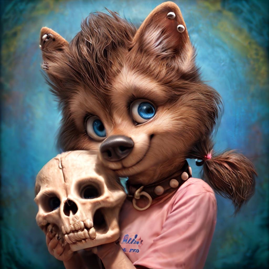 Masterpiece, best quality, realistic, textured fur, <lora:winnie_v1:0.75>, furred body, brown fur, wolf cub girl, blue eyes, smile, eyelashes, winnie holding human skull, piercing, small hands, earrings, wolf ears, short twintails, pink shirt, long shirt, collar, holding, beautiful cute face, portrait, vignetting, blue wall