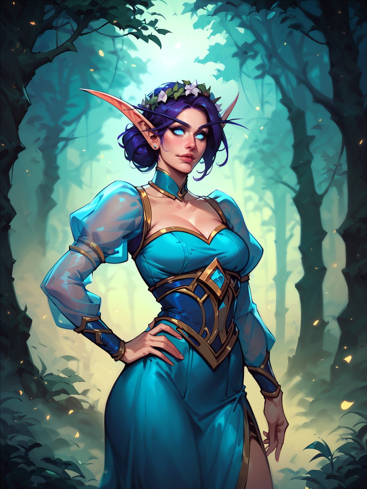 score_8_up, score_7_up, cowboy shot of beautiful elf queen, hand on hip, contrapposto, purple hair, ornate cyan dress with puffy sleeves, see-through sleeves, head wreath, particles, dark forest, night, fog fantasy, warcraft