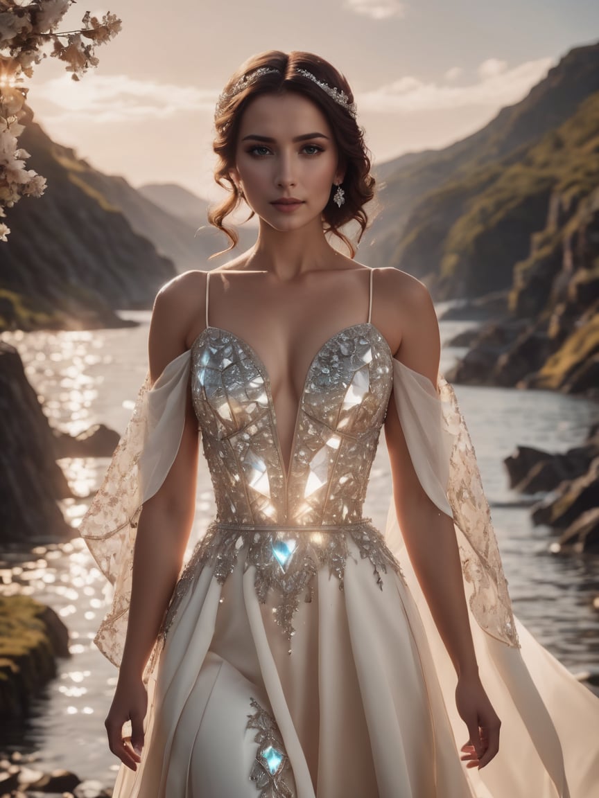 cinematic photo beautiful woman wearing a Ivory (crystalline dress) <lora:xl_crystalline_dress-1.0:0.8> . 35mm photograph, film, bokeh, professional, 4k, highly detailed