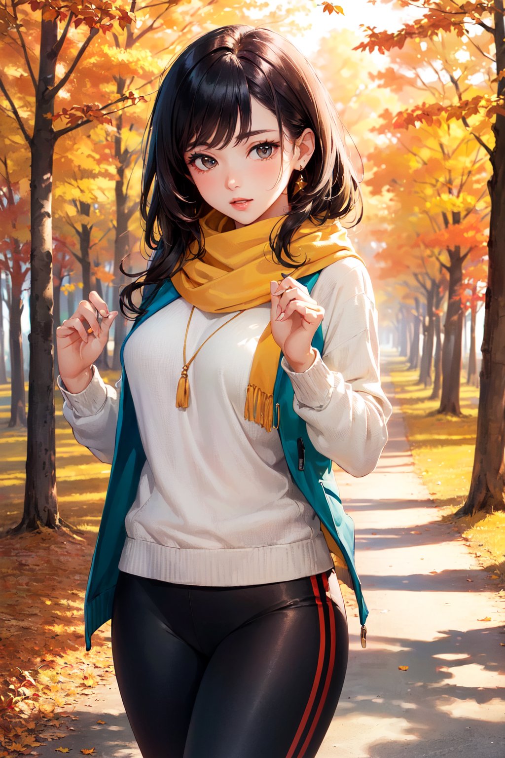 (masterpiece, best quality, hires, high resolution:1.2), (beautiful, aesthetic, perfect, delicate, intricate:1.2), (cute, adorable), (depth of field:1.2), (1girl, solo), (a sexy mature woman), (wearing sweater and colorful hiking jacket), (colorful yoga pants), scarf, (at forest), (fall, autumn), (cowboy shot:1.4),
