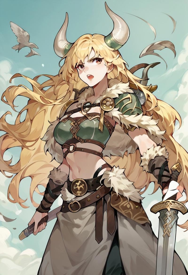 score_9, score_8_up, score_7_up, viking, midriff, blonde hair, belt, open mouth, medium breasts, brown eyes, very long hair, sword, fur trim, standing