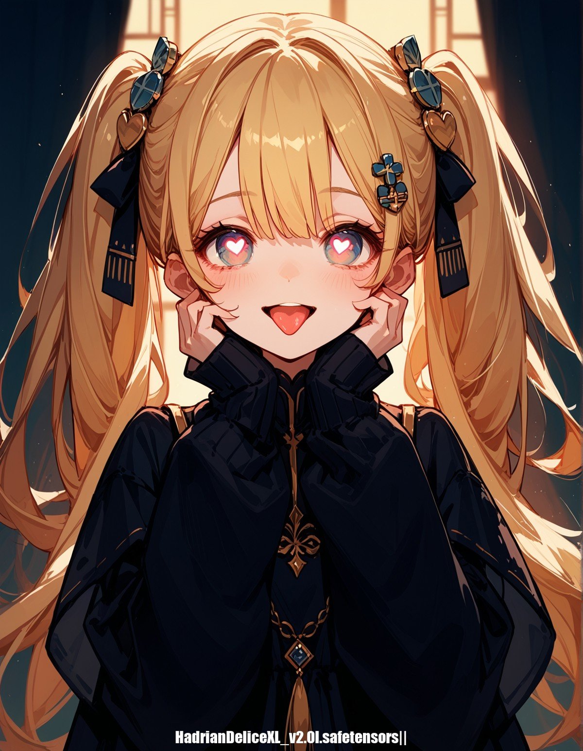 score_9,score_8_up,score_7_up,score_6_up, hadrian, source_anime,hands up on own cheek,heart-shaped pupils, open mouth, tongue out, gloomy lighting,backlighting,silhouette,hairpin,smile,breath,sleeves past wrists,long hair, twintails, blonde hair,