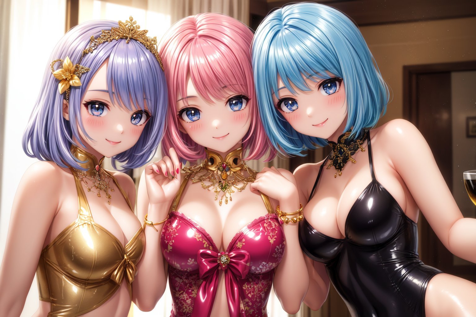 4girls 😃✨😁😀👍😍🤟😘🥰🙌🤗, (Luxury hotel:1.1), 💐🍷🍸✨💝 🎆💖🌟🏵🌠💎, textile shading latex swimsuits with many frills, beautifully maniured fingernails is wavingher hand to greet someone, beautiful detailed eyes, cute vtuber, light smile, (pastel color hair), gold accessory, (cinematic lighting), light smile  in heat  blush cheeks pastel color hair, pupils beautiful detailed eyes,  absurdres,  make up, detailed, high resolution, textile shading, Accurate describe shapes, thorough and precise, gold accessory, (jewel), subtle ambient glow, global illumination, raw, iso100, ultimate quallity, <lora:deluster1:-0.4>, <lora:flat2:-0.6>, 