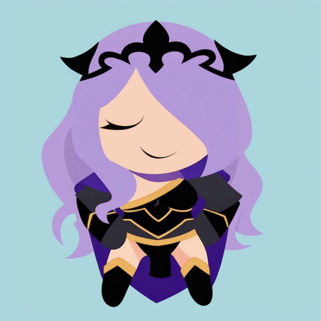 simple background, flat color, no lineart, chibi, solo, 1girl, defCamilla, smile, closed eyes, black tiara, hair over one eye, purple capelet, black armor, cleavage, gauntlets, gloves, armored legwear, black panties, pelvic curtain, see-through <lora:style_helltakerchibi_xl-000005:1> <lora:camilla-xl-nvwls-v1:1>
