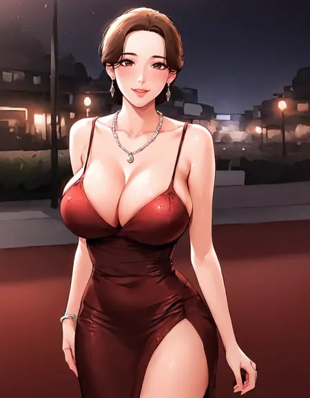 score_9, score_8_up, score_7_up, looking at viewer, red carpet,   <lora:ImShinhye-NewFamily:1> imshinhye, 1girl, large breasts, brown hair, brown eyes, blush, smile, earrings, cowboy shot, evening gown, necklace, jewelry, 