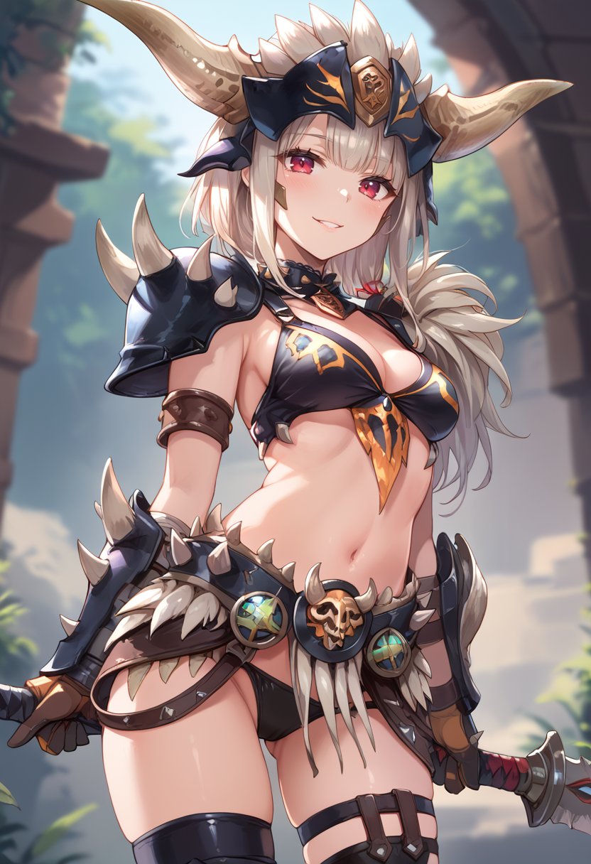 (score_9:0.9),score_8_up,score_7_up,rating_explicit,anime style,(zPDXL),(zPDXL3),<lora:Nergigante armor ponyXL v1:0.75>,nergigante armor,1girl,solo,red eyes,cleavage,smile,looking at viewer,navel,medium breasts,sword,cowboy shot,blurry,black bikini armor,standing,parted lips,white spikes,black knee boots,blush,thigh strap,spikes shoulder armor,midriff,horn helmet,black gauntlets,black armored skirt,