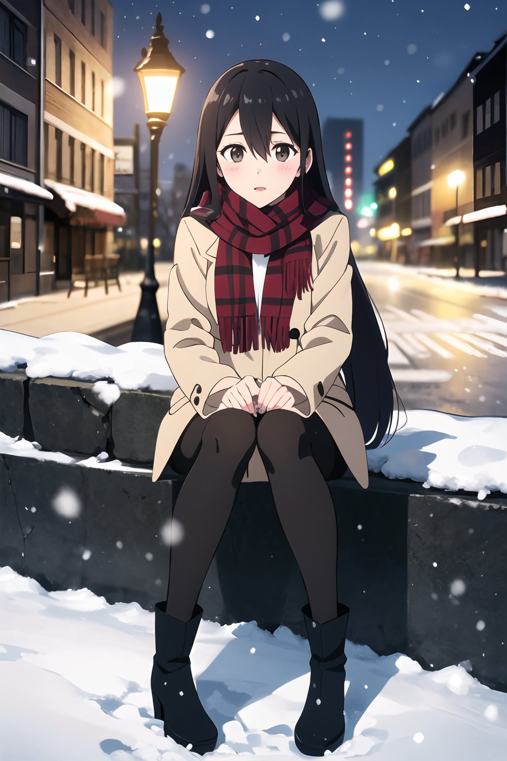 1girl,solo,scarf,pantyhose,long hair,black hair,outdoors,blush,snow,looking at viewer,sitting,night,black pantyhose,boots,snowing,long sleeves,bangs,lamppost,black footwear,red jacket,jacket,winter,brown eyes,building,parted lips,hair between eyes,knees up,coat,winter clothes,blurry,black eyes,plaid scarf,blurry background,