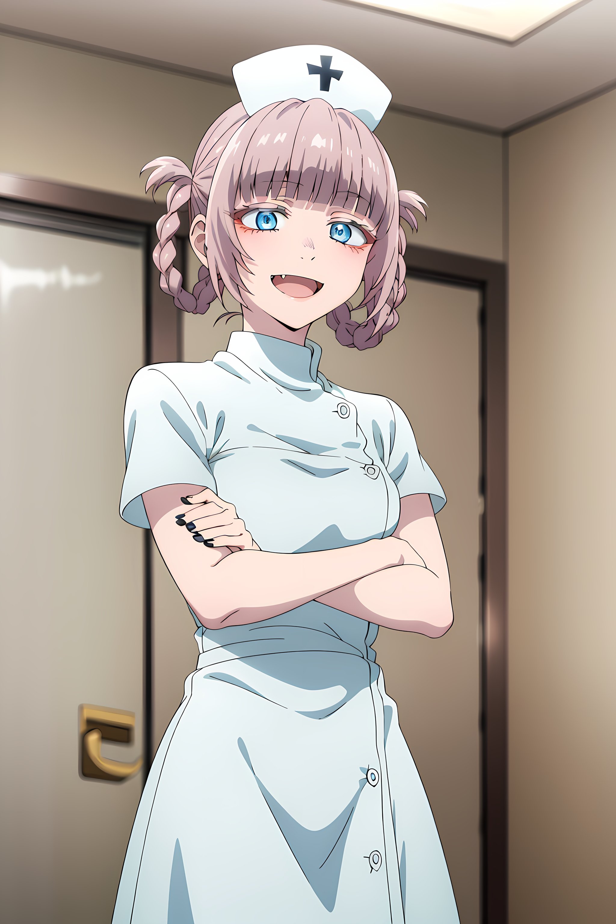 best quality, masterpiece, detailed,<lora:YofukashiNoUta_NanakusaNazuna:0.9>, NanakusaNazuna,1girl, open mouth, smile,pink hair, short hair, blunt bangs, braid, hair rings, blue eyes, fang,NanakusaNurse, white dress, nurse cap,crossed arms, looking at viewer,indoors