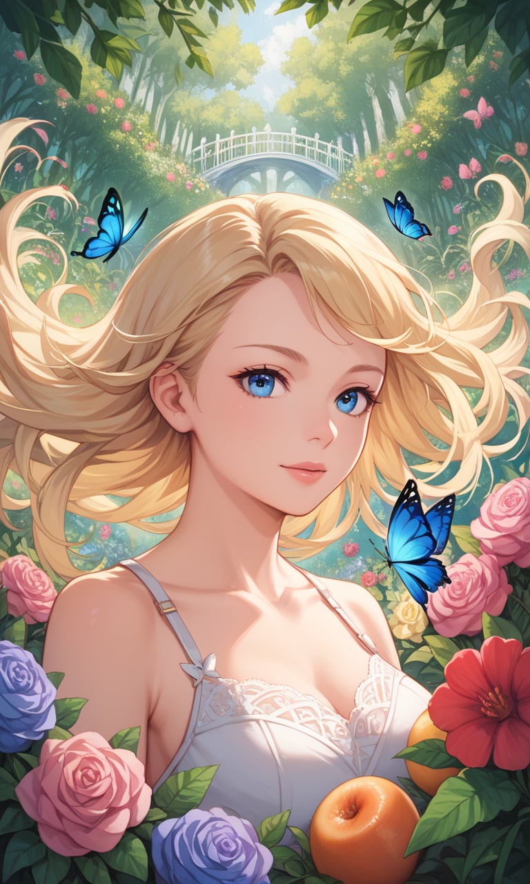 score_9, score_8_up, score_7_up, score_6_up, score_5_up, score_4_up, source_anime, BREAK, portrait, 1girl, solo, blonde hair, blue eyes, masterpiece, best quality, ultra-detailed, floating, beautiful detailed eyes, detailed light, fruits, flowers, colorful, garden, colorful background, forest, butterfly