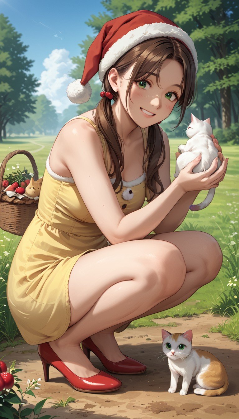 score_9, score_8_up, score_7_up, source_anime, 1girl, mature, brown hair, green eyes, twintails, long hair, squatting down, smiling, basket of delicious strawberries, yellow sundress, red high heels, santa hat, cat, kitten, petting cat, blue sky, sunshine, horizon, open grass field, dirt path,