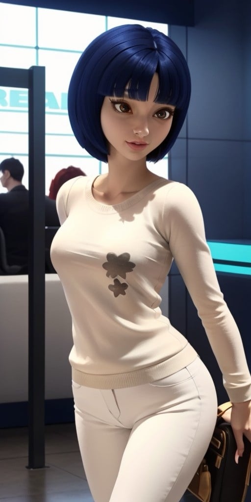 Hyperrealistic, photorealistic, super detailed, white trousers, turquoise sweater, very detailed perfect face, almond-shaped dark tangelo eyes, chin-length black hair with dark blue reflections in a face-framing bob with straight cut bangs slightly divided into three sections and upturned, body like in real life, pale light grayish scarlet lipstick, large pores, fair-skinned, slender, beautiful arms, ((very little very flat breasts)), ((skinny beautiful thighs)), unreal engine, octane render, droped shadow, bokeh, cinematic lighting, <lora:add_detail:0.5>, <lora:Volumetric_lighting:0.6>, Mireille Caquet, <lora:423ad9e0-7720-452a-b69e-37921d3b2d58:0.7>