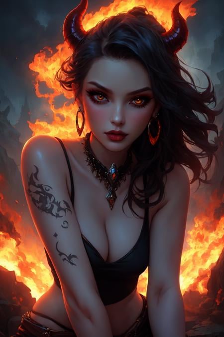 [(sultry and rebellious,  provocative artwork:1.3) ::6],  (masterwork:1.4),  BREAK (seductive and alluring character:1.2),  (1female,  demonic allure),  [fiery red skin: ink-black tattoos: 0.70],  smoldering presence,  [punk: succubus: 0.60],  edgy style,  [septum piercing: lip ring: 0.80],  alluring adornments,  (hellish realm:0.9),  (smoky atmosphere:1.2) CS-BRYO