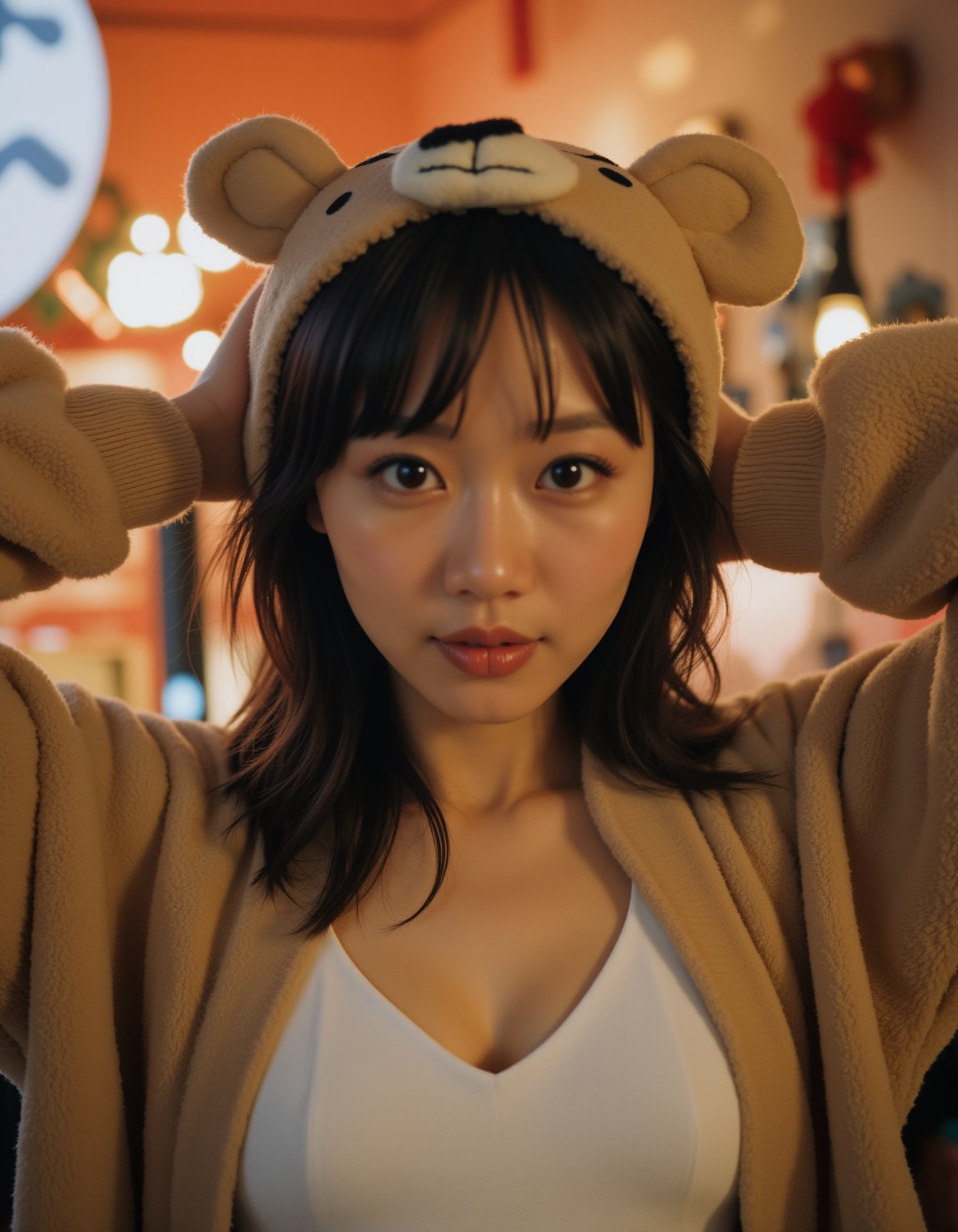 best quality, masterpiece, realism, realistic, long sweater fur-suit with bear costume, hands behind the head, breasts cutout, analogue photo of adult girl in costume, looking at viewer, long hair, extremely beautiful detailed face, medium breasts, (cute face, temptations look), eye level, professional photo, high contrast exposure, soft bokeh, high key light, hard shadow, soft bokeh, playful theme,