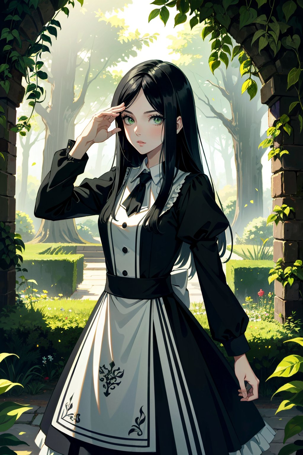 ((ultra detailed, masterpiece, best quality))<lora:AliceMadness:0.8>AliceMadness, 1girl, solo, long hair, black hair, green eyes, cowboy shot, garden maze, midday, dappled sunlight peeking through leafy green walls