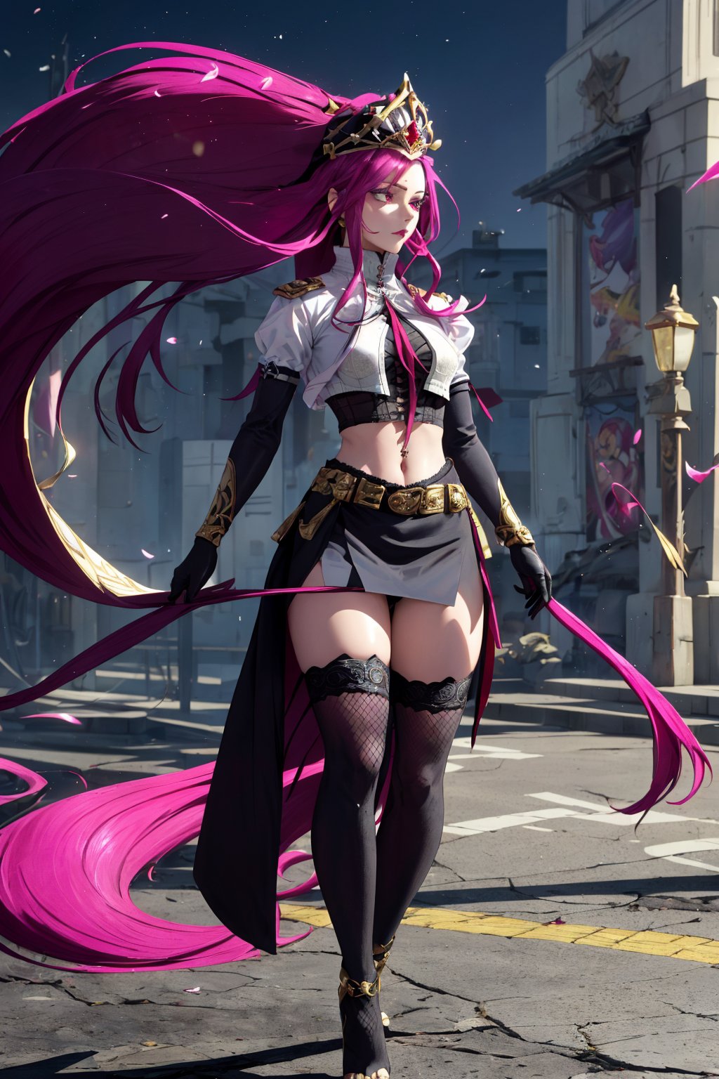 an accurate and detailed full body shot of a young adult female character named Rosaltis, a determined and mysterious aura, (Long flowing magenta hair with pink highlights:1.5), violet-indigo eyes, Seductive makeup, defined lips, (Imperial Veil Crown:1.3), (a white high collar crop top:1.7), (a gothic lace corset underneath crop top:1.4), (Long black opera gloves:1.1), (gold bracers:1.2), (A long black slit-skirt:1.3), Fishnet stockings, Red and gold garter belts, (knee-high Soft-knit wedge heels:1.2), A black belt with various trinkets, Flowing red ribbons, gold accent jewelry, masterpiece, high quality, 4K, rosaria(genshin impact), jessie pokemon, Altair Recreators,hair slicked back<lora:EMS-36230-EMS:0.600000>, <lora:EMS-259677-EMS:0.700000>, <lora:EMS-12256-EMS:0.500000>
