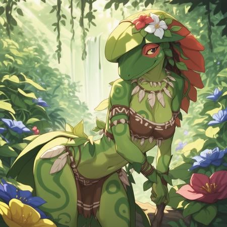 floran, anthro, female, solo, flora fauna, flower, plant, tribal, tribal clothing, score_9, score_8_up, score_7_up, score_6_up, score_5_up, score_4_up