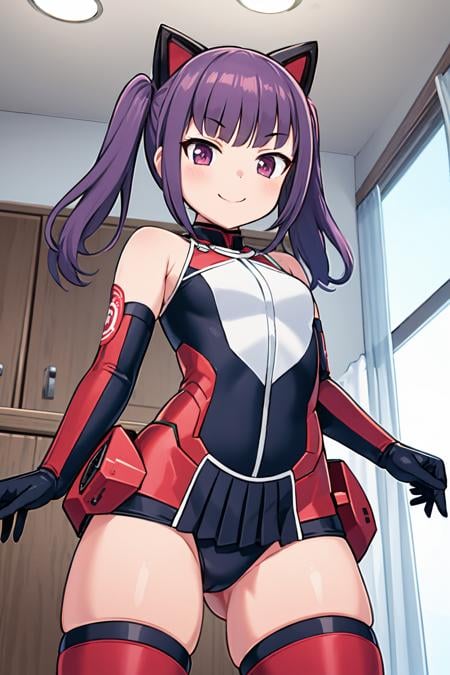 1girl, ichijou ayaka, ace suit, twintails, sidelocks, red collar, elbow gloves, bare shoulders, black gloves, fake animal ears, headgear, red thighhighs, black leotard, detached sleeves, red footwear, smile, window, by the window, curtains, from below <lora:fingers4civitai:1:1:lbw=OUTALL> <lora:ichijou_ayaka_locon_v1:0.7>