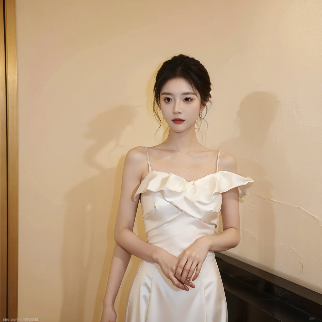 A goddess,dressed in a charming and elegant white Evening dress,fashionable and luxurious,black eyes,standing posture,Complete head and upper body photos,advertising photography,white background,exquisite and realistic,high-definition,8K,perfect facial details,the best quality,