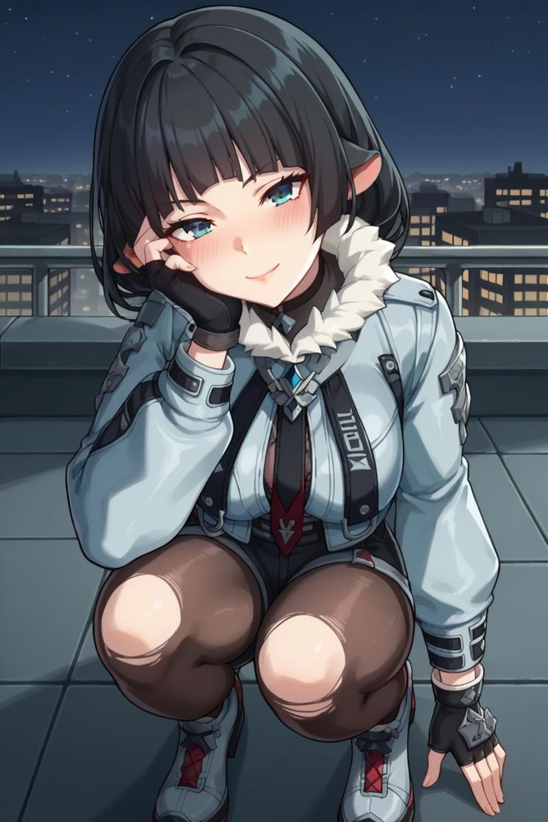 score_9, score_8_up, score_7_up, source_anime, 1girl, prefect lighting, very aesthetic, intricate details, highly detailed background, masterpiece, high quality, prefect hands, best quality, solo,<lora:Jane_Doe_ZZZ_V2:.85>, KJOjane, long hair, black hair, aqua eyes, blunt bangs, tail, mouse ears, animal ears, colored tips, open jacket, puffy long sleeves, fur trim, shorts, pantyhose, ripped pantyhose, fingerless gloves,smirk, squatting, hand on face, looking at viewer, head tilt, blush,city, rooftop, night,(Beautiful, medium Breasts:1.2), natural breasts,