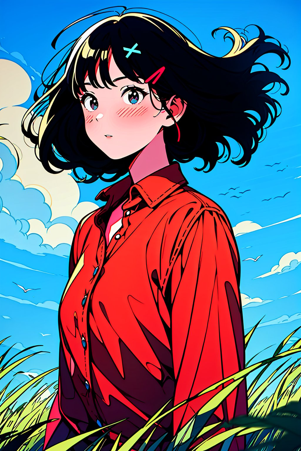 HTTP, 1girl, solo, black hair, shirt, cloud, red shirt, sky, wind, collared shirt, outdoors, blue sky, upper body, blush, hairclip, grass, parted lips, day, black eyes, hair ornament, long sleeves, cloudy sky, floating hair<lora:HTTP_20231211123040-000008:1>