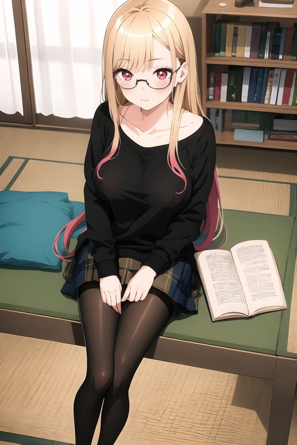 kitagawa marin, 1girl, solo, long hair, blonde hair, red eyes, multicolored hair, blush, bangs, skirt, large breasts, long sleeves, sitting, closed mouth, collarbone, pantyhose, glasses, indoors, covered nipples, sweater, book, black pantyhose, from above, chair, curtains, brown skirt, <lora:Sono Bisque Doll wa Koi wo Suru - Marin Kitagawa R5 Bonus:0.8>