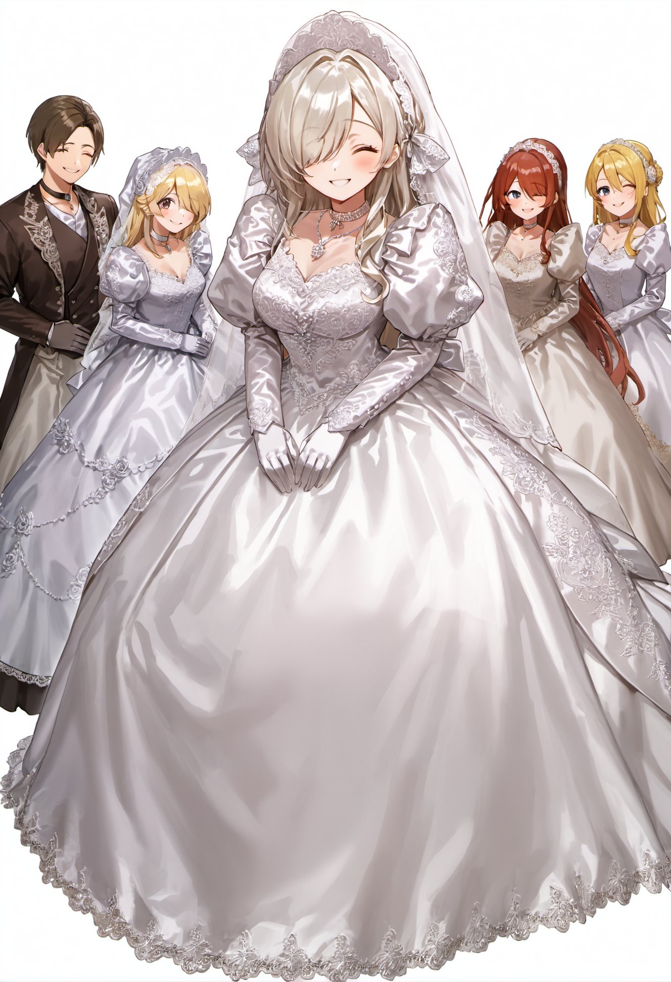 ultra-detailed, masterpiece, best quality, wallpaper, 8k, pixiv,standing, (solo, 1milf, over 30 ages), princess, bride,smile,shiny hair, hair over one eye,tsurime,over skirt, tiala, bridal vail, (white metalic satin),(white background:1.3), <lora:Wedding_Dress_v2:1> wedding dress, , lace trim, choker, necklace, long dress, lace gloves, juliet sleeves, puffy sleeves, long sleeves,
