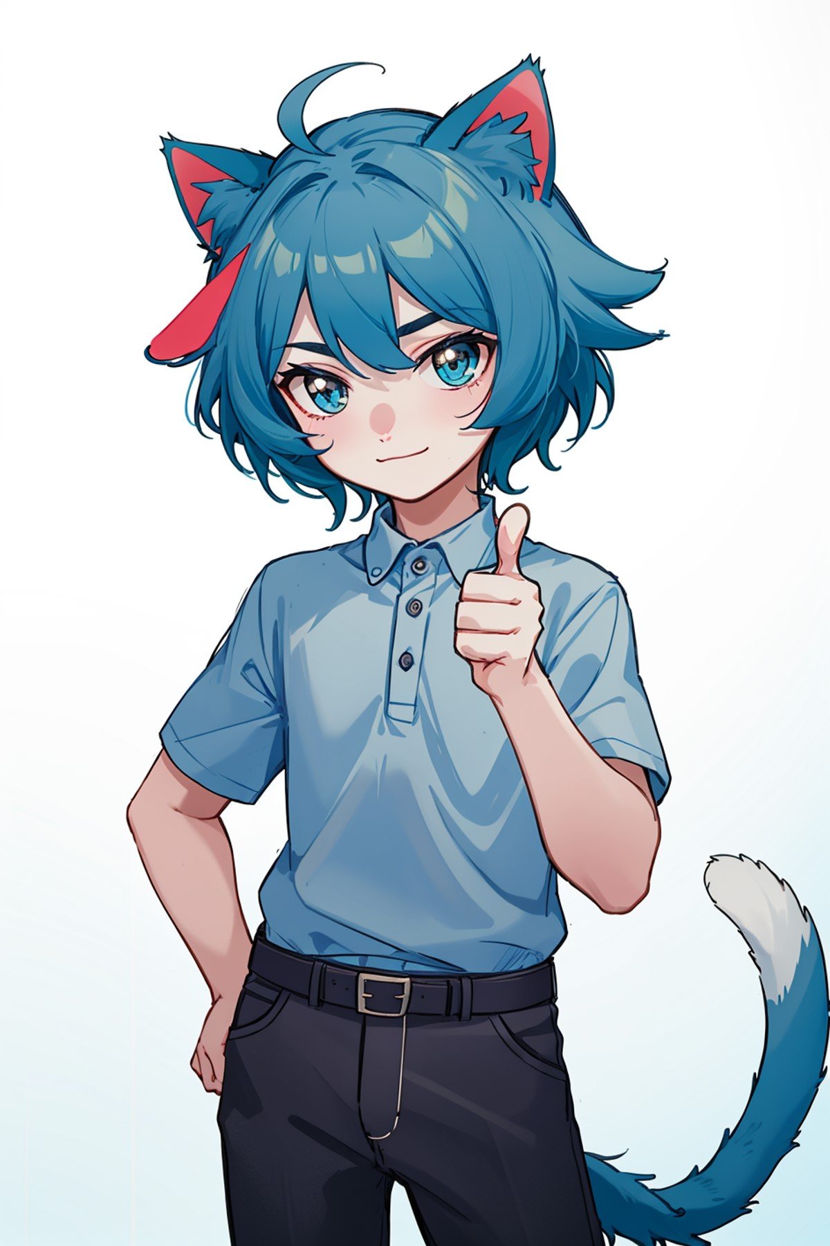 masterpiece, highest quality, cowboy shot, best quality, (1boy:1.2), chibi, (thumbs up:1.1), sima, cat ears, blue skin color, blue hair, shirt, tail,  <lora:my_sima_v1:0.5> 