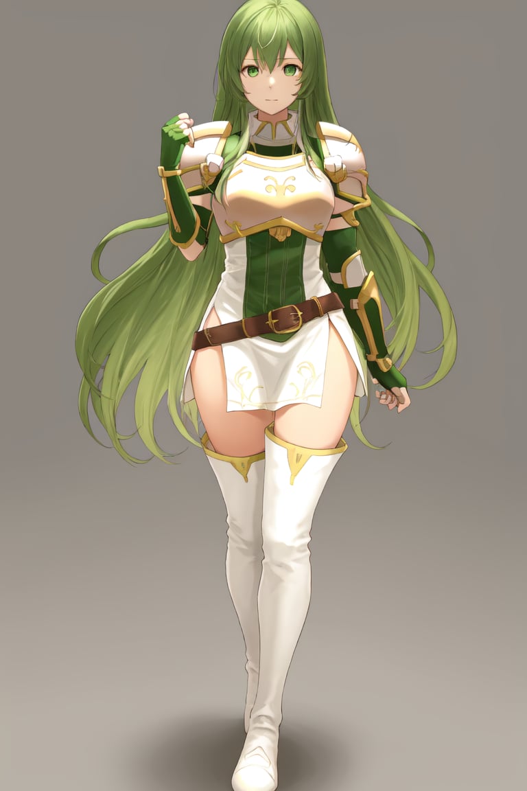 <lora:Erinys_FE-08:0.8>  Erinys fe, 1girl, solo, looking at viewer, white thigh boots, green fingerless gloves, green elbow gloves, white footwear, white dress, closed mouth, standing, full body, thighs, sleeveless, belt, hand up, armor, zettai ryouiki, short dress, shoulder armor, pauldrons, breastplate, brown belt