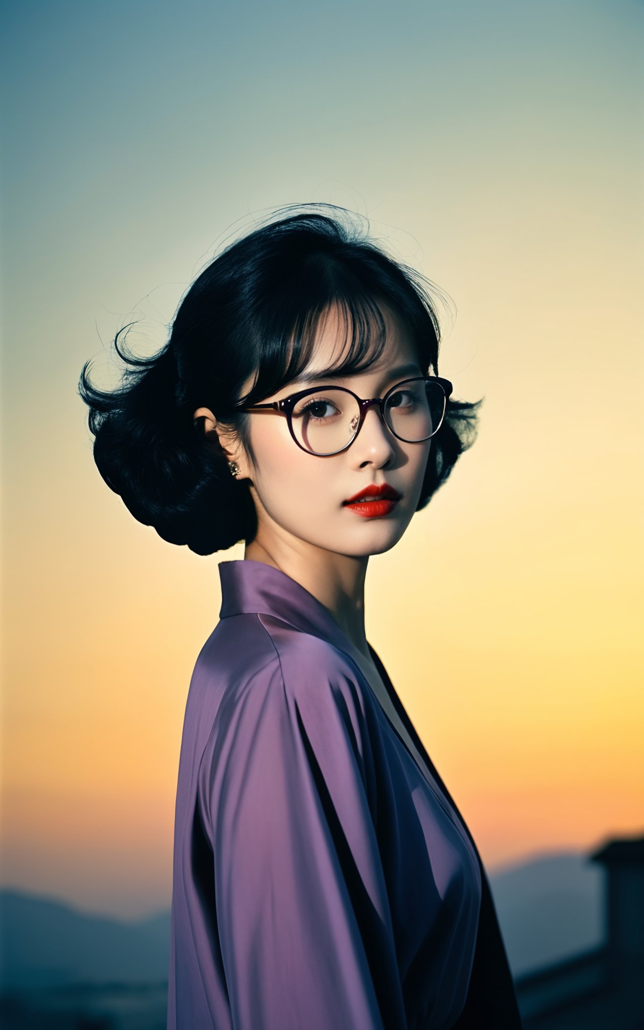 by Ken Loach,photograph,a chinese woman 1950s poodle skirtsed in her early 20s and black hair,wields an elegant Browline glasses,beckoning her viewers to take on the surreal landscape. The sun is shining brightly in the sky,casting a golden glow over the scene. Rough sketch,Grim,Animecore,Cold Lighting,double exposure,Kodak Ektar 100,F/5,sharp and in focus,(key visual, cinematic purple Color grading),
