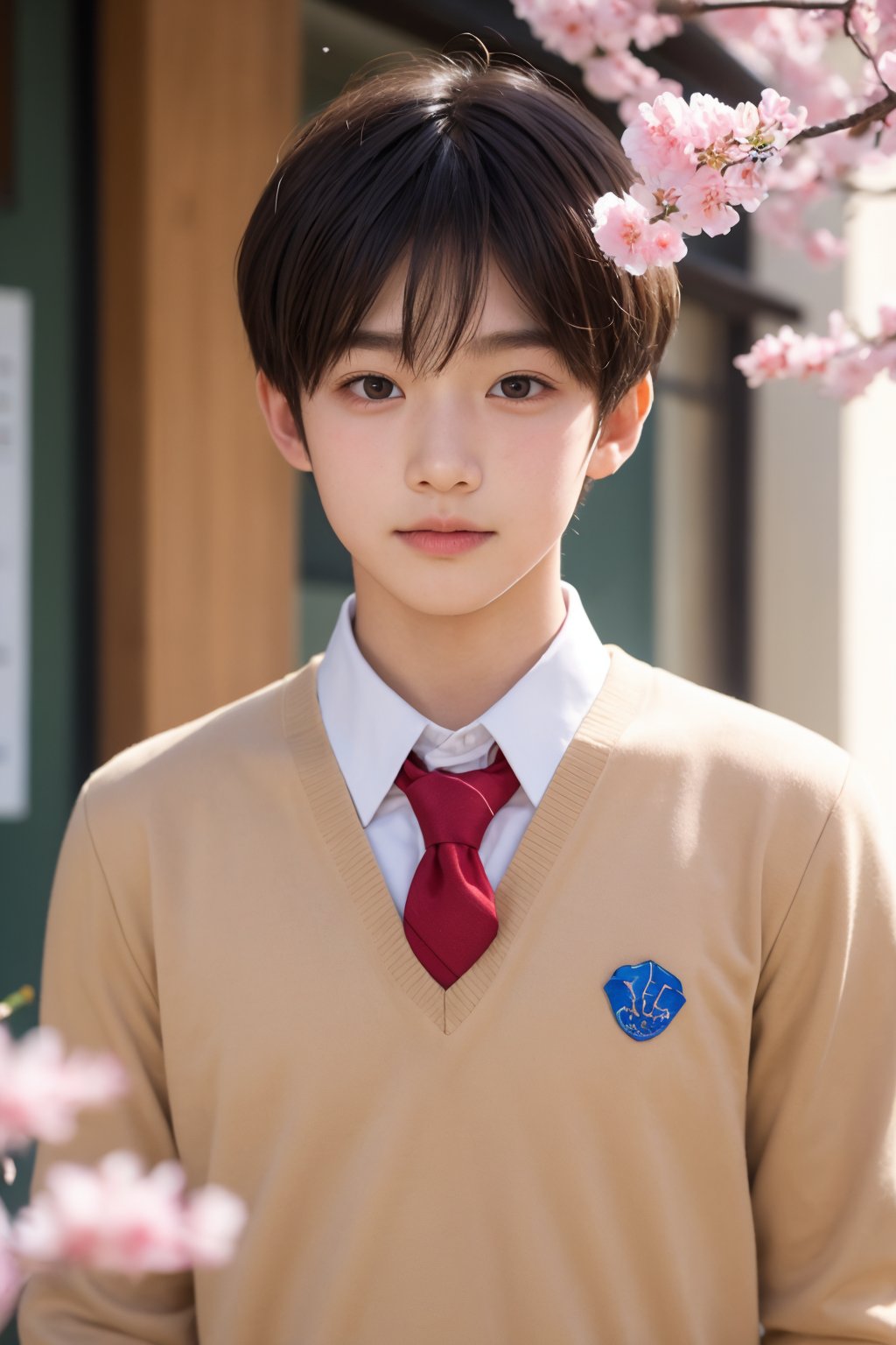 1boy,solo,upper body, looking at viewer,school uniform,peach blossoms, falling petals,