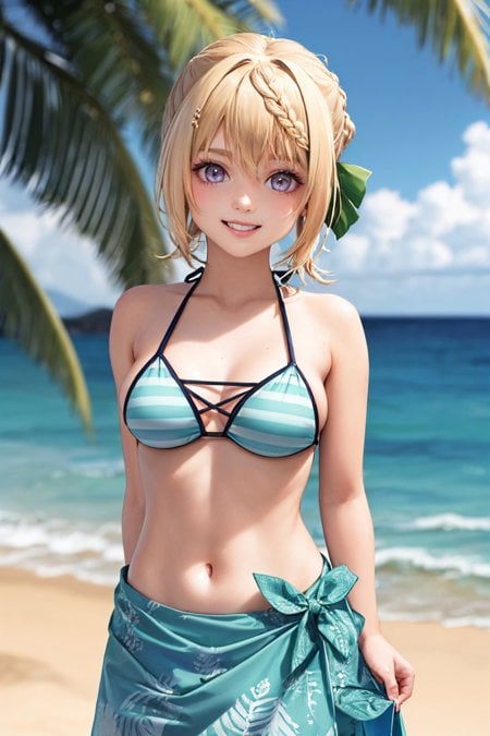 (masterpiece, best quality:1.2), <lyco:kancolle_perth-17:1.0>, cowboy shot, solo, 1girl, perthsummer, smile, looking at viewer, arms behind back, braided bangs, braided bun, striped bikini, sarong, beach