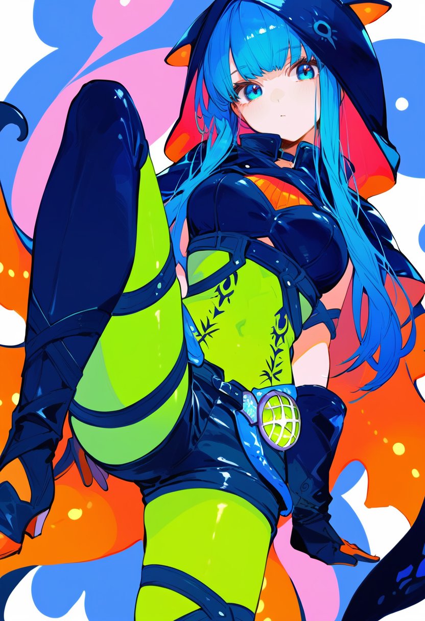 (score_9:0.9),score_8_up,score_7_up,rating_safe,anime style,(zPDXL),<lora:Namielle armor Beta ponyXL v1:0.78>,namielle armor,black hood,1girl,solo,black thigh boots,blue eyes,black gloves,looking at viewer,long hair,green bodysuit,medium breasts,sidelocks,orange tentacle cape,black shorts,