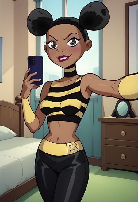 score_9, score_8_up, score_7_up,score_6_up, source_anime,in heat, bedroom, screencap, <lora:bouncy_pony:0.4>BREAKbumblebee, 1girl, dark skin, double bun, selfie, biting own lip, black pants, midriff, croptop, striped,  <lora:Bumblebee:1>