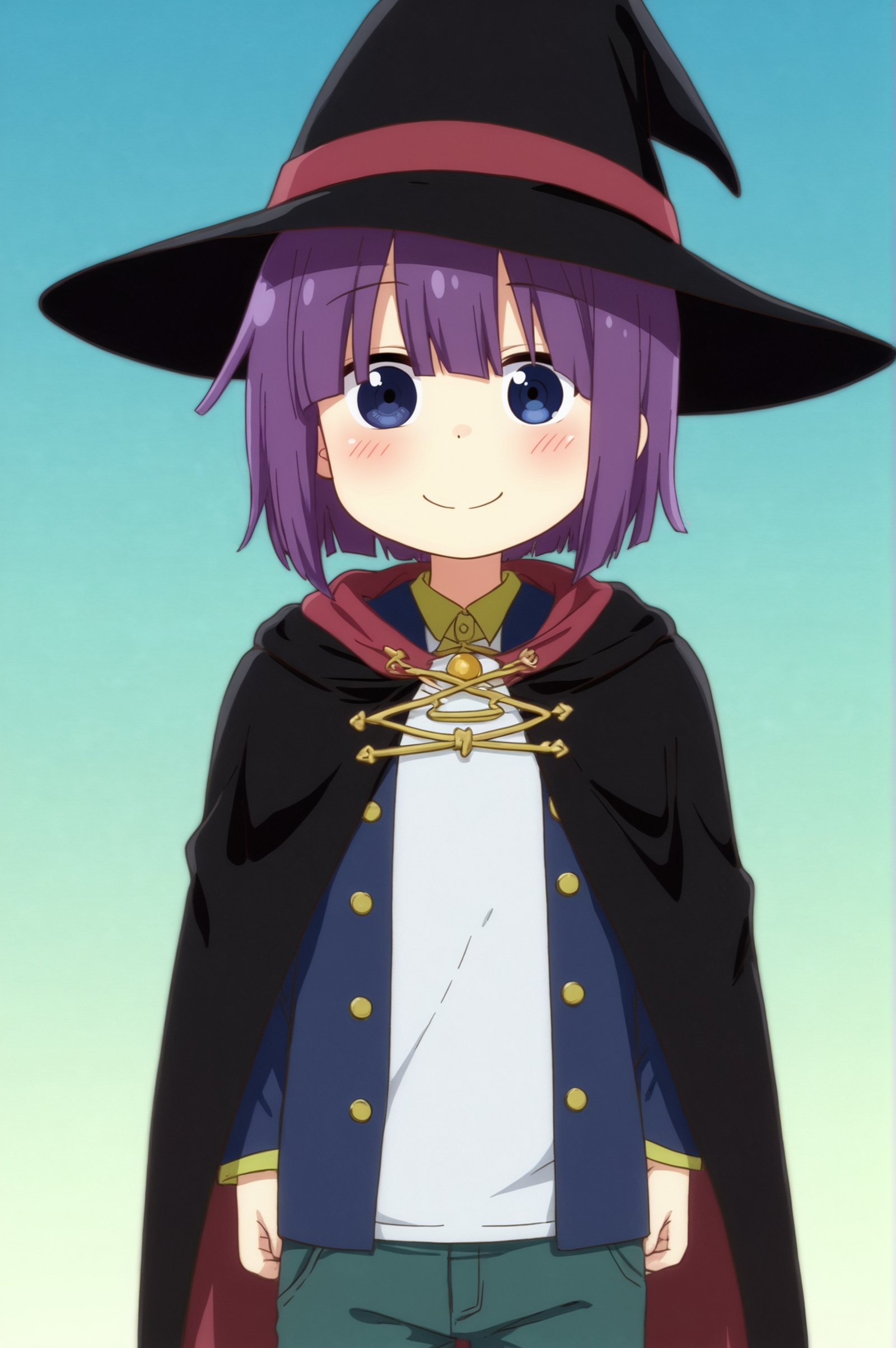 <lora:Shouta_Magatsuchi:0.7>  Shouta Magatsuchi, solo, looking_at_viewer, blush, smile, simple_background, shirt, hat, holding, male_focus, pants, cape, witch_hat <lora:sdxl_lightning_4step_lora:1>