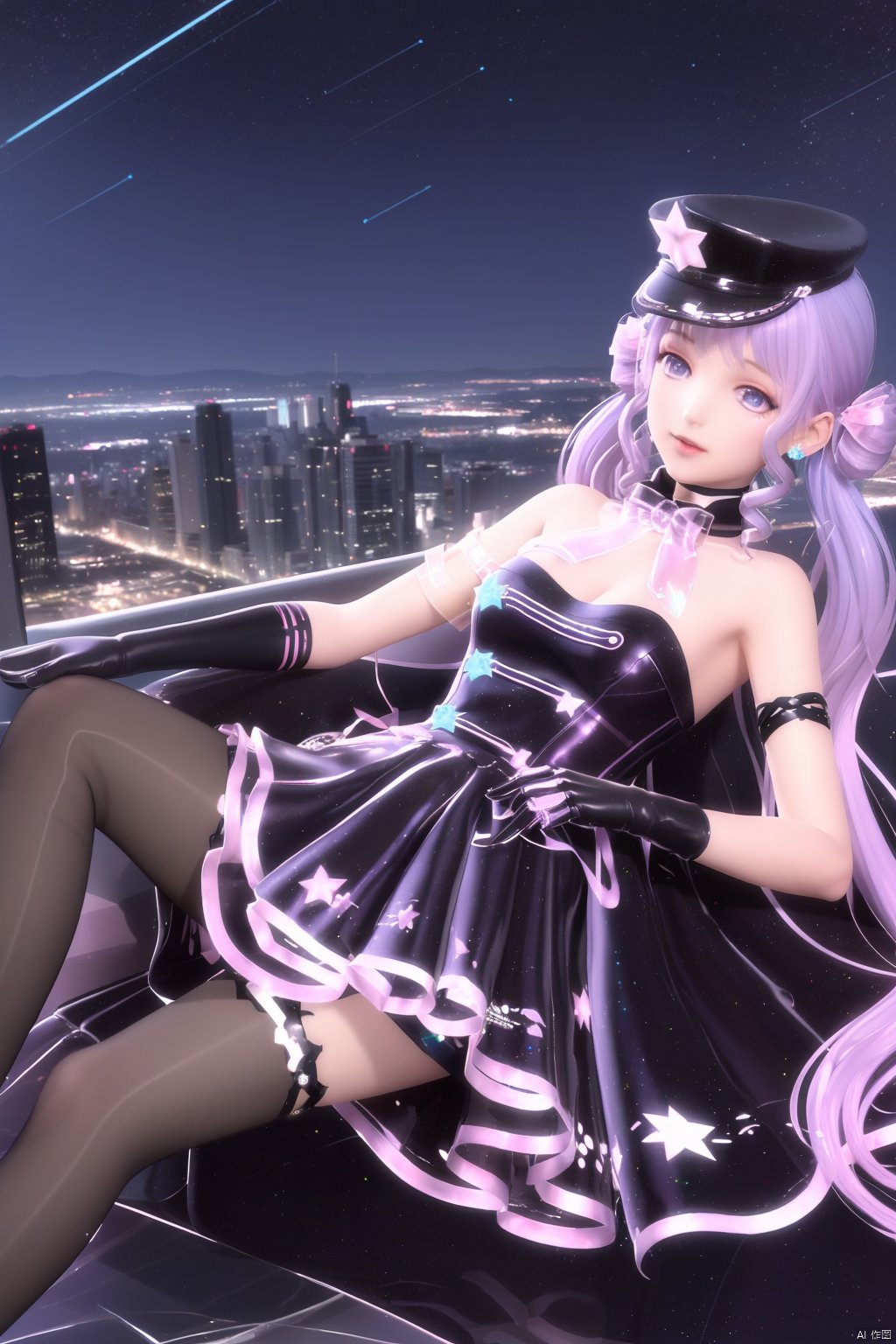 SYNNyuwangzhiyin, 1girl, solo, hat, thighhighs, gloves, long hair, twintails, blue eyes, choker, looking at viewer, star (symbol), asymmetrical legwear, dress, purple hair, black gloves, bow, jewelry, bare shoulders,(indoor),(The girl is surrounded by colorful sparkling stars floating in the air:1.3),(Smooth and transparent ground, sparkling with light:1.5),(Colorful stars scattered all over the ground:1.0),Sitting and lying down, ,cityscape, (night:1.3), thigh strap<lora:EMS-257102-EMS:0.750000>, <lora:EMS-151900-EMS:0.500000>